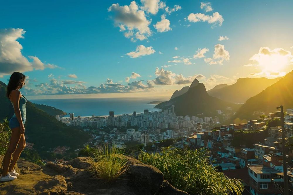 Vista da Zona Sul do Rio ao entardecer, com o Morro Dois Irmãos
